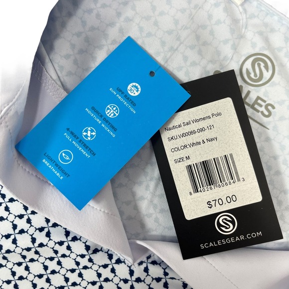 Scales Women's Medium Nautrical Sail Polo Blue/Navy Stretchy‎ Golf Fishing Top - Picture 9 of 9